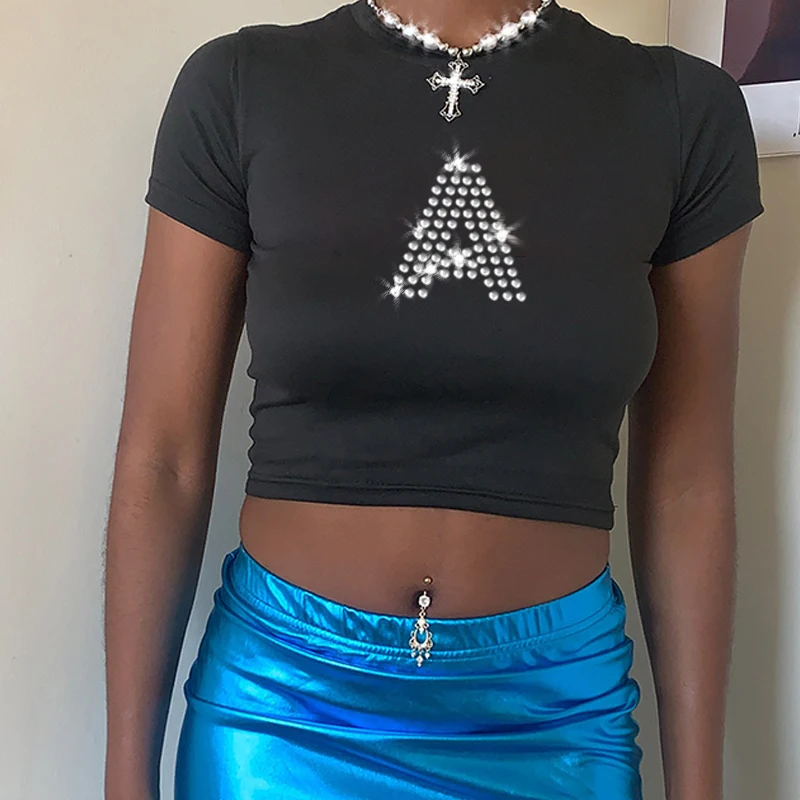 

Готическая уличная одежда, черные укороченные топы, Ретро стиль, стиль алфавита, Женская Повседневная футболка, Y2K, одежда в стиле панк, тонкая детская футболка для девочек