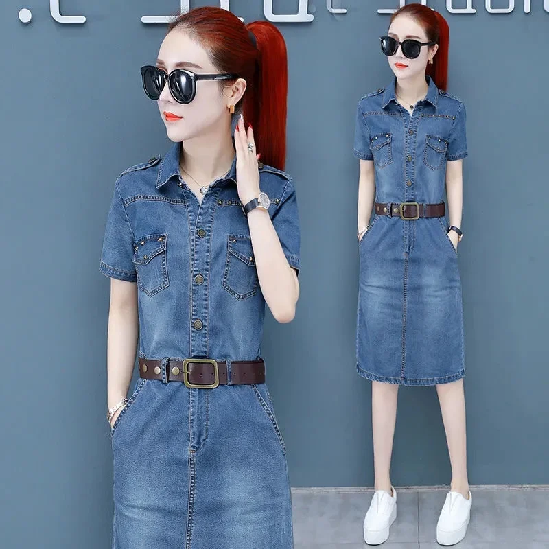 

Модное женское летнее платье, джинсовое платье, винтажное повседневное джинсовое платье-рубашка с коротким рукавом, женское элегантное Ковбойское платье
