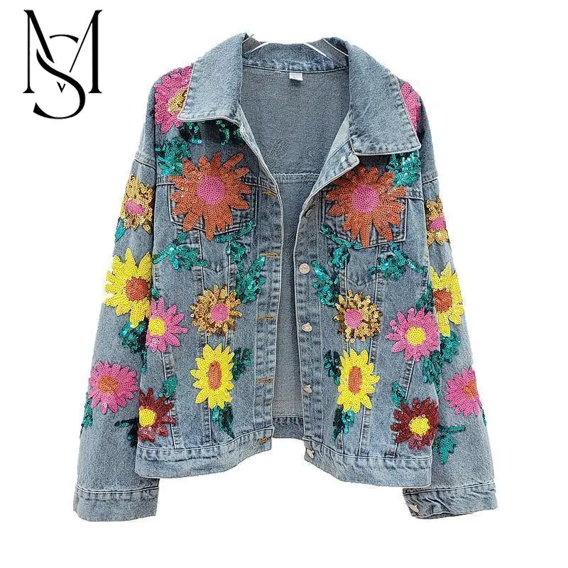 

Spring and Autumn 2023 New Thailand Chaopai Heavy Industry Sequins Embroidery Sunflower Loose Denim Coat Women Cross border