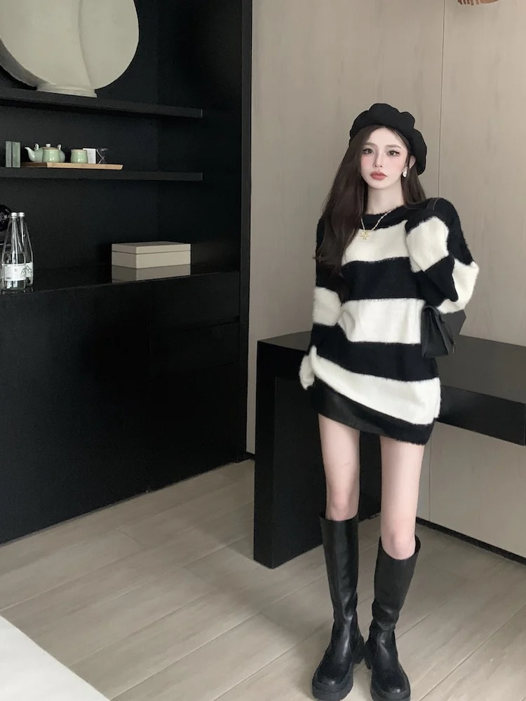 

Korean Fashion Loose Milled Wool Knit Sweater Long-sleeved Striped Lazy Wind Color Collision Wool Bottoming Shirt