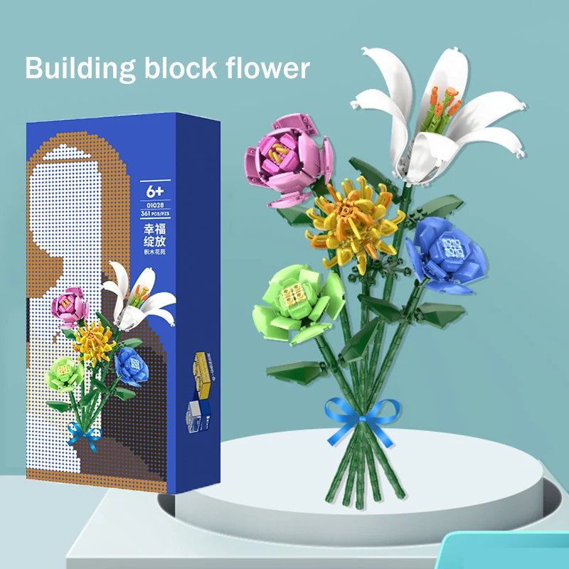 

Building Blocks Flower Mini Plant Potted Bouquet Home Decoration DIY Lily Rose Simulation Flower Children's Educational Toy Gift