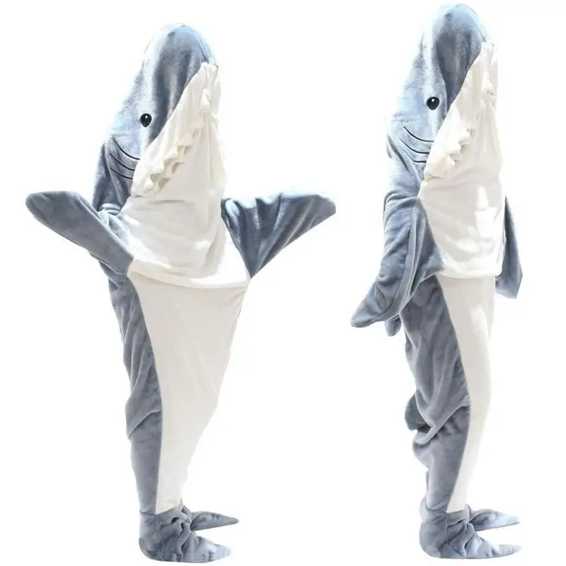 

Cartoon Shark Pajamas Playsuit Kids Parents Hooded Warm Flannel Blanket Pajamas Homesuit Funny Homewear For Slumber Party