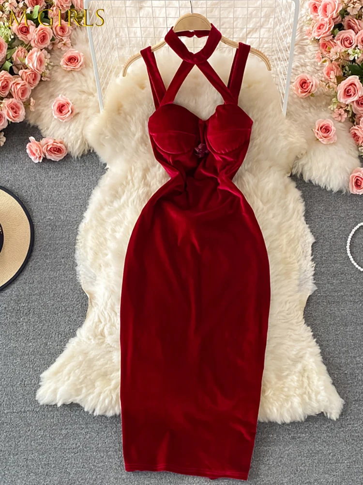 

M GIRLSBlack/Red Velvet Party Spaghetti Strap Bodycon Dress For Women Autumn Winter Halter Sleeveless Hollow Out