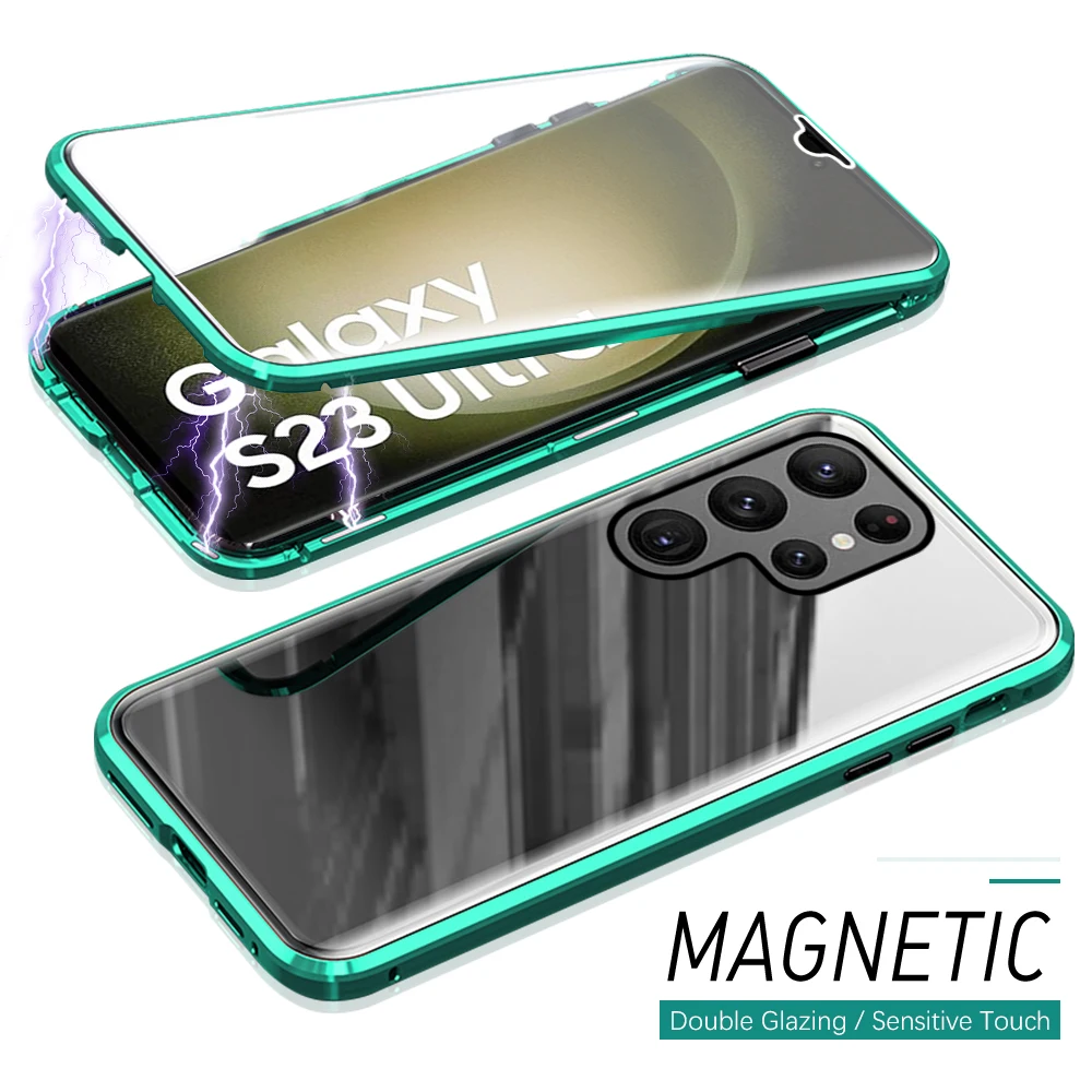 

360° Magnetic Adsorption Double-Sided Glass Flip Protect Cover For Samsung Galaxy S23 Ultra Samsung S23 Case Metal Frame Coque
