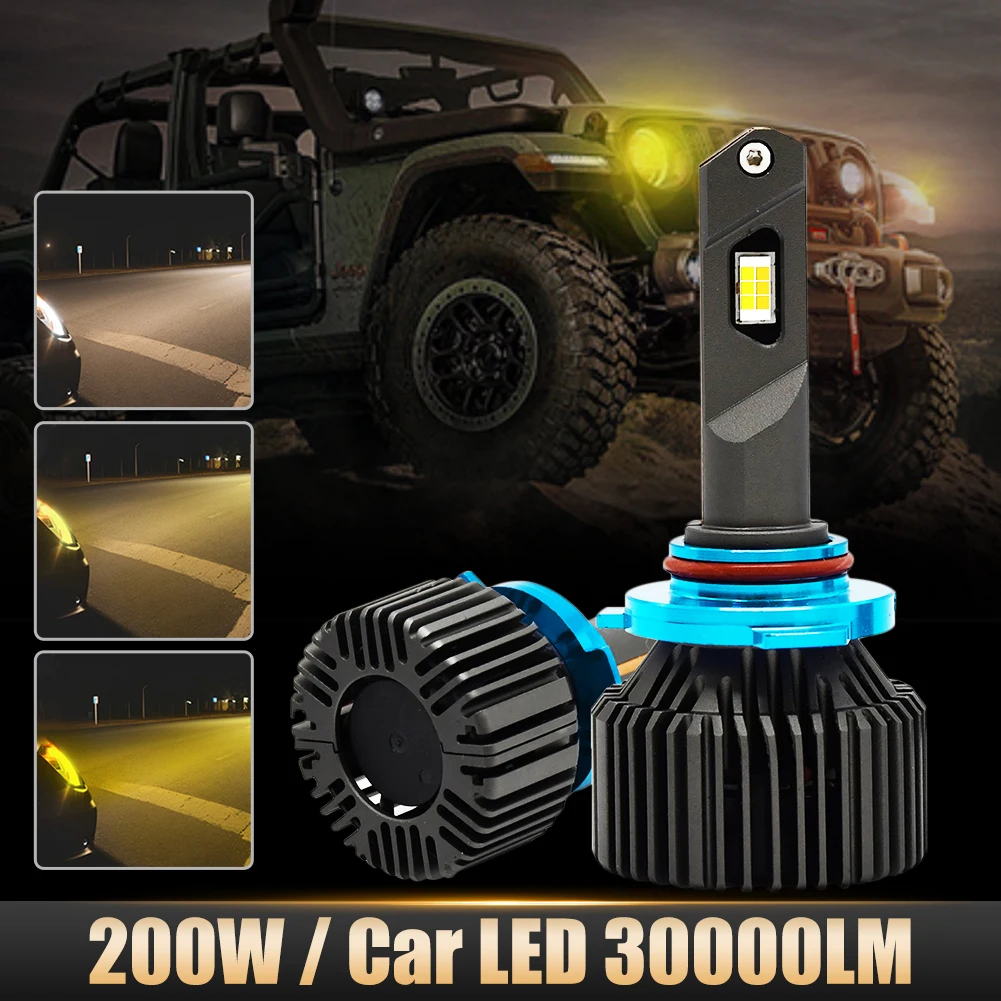 Две автомобильные светодиодные фары H1 H4 H7 H8 / 9 / 11 9005 9006 Высокая яркость 200W 30000LM 6000 K - 3000K - 4300K Трехцветные светодиодные фары