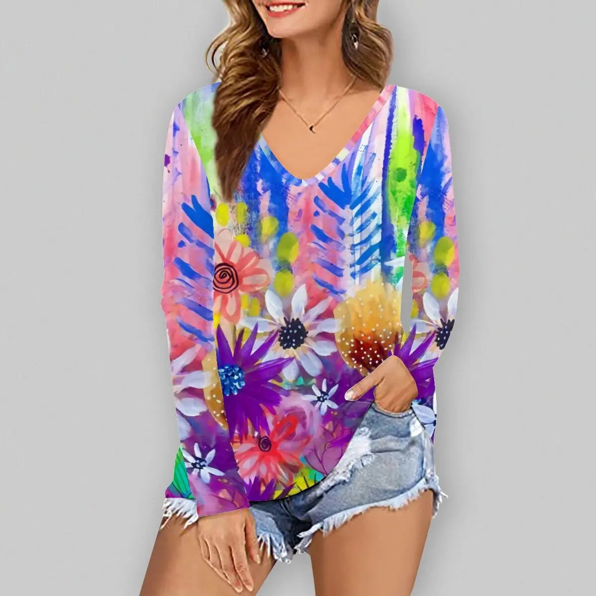 

Snake YX Women's Autumn New Print Casual V-Neck Long Sleeve Top Size XXS-10XL