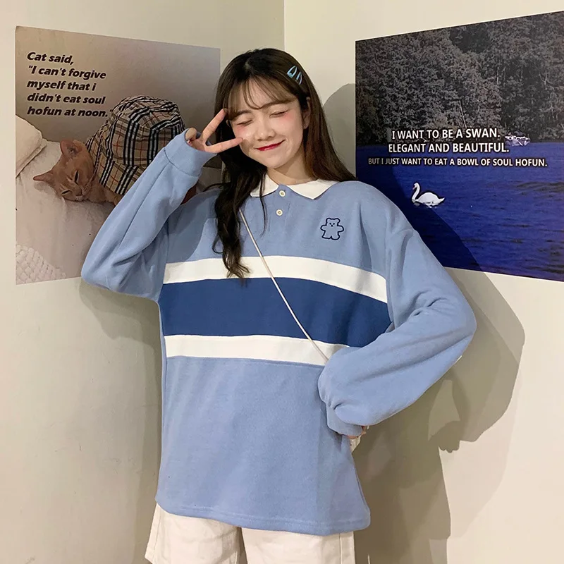 

Kawaii Bear Embroidered Striped Pullovers Preppy Style Women Lapel Loose Casual Tops Sweet Japanese Spring Autumn Sweatshirts