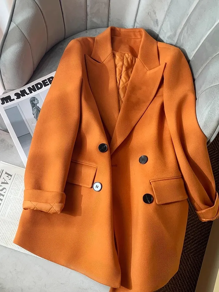 Женский двубортный блейзер из смешанной шерсти свободная Осенняя офисная куртка