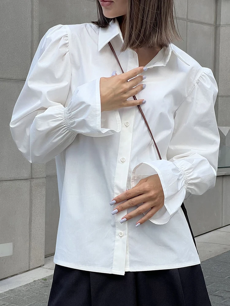

White Shirts Women Autumn Turn Down Collar Puff Sleeve Blouses Office Ladies Elegant Fashion Casual Loose Single Breasted Shirt