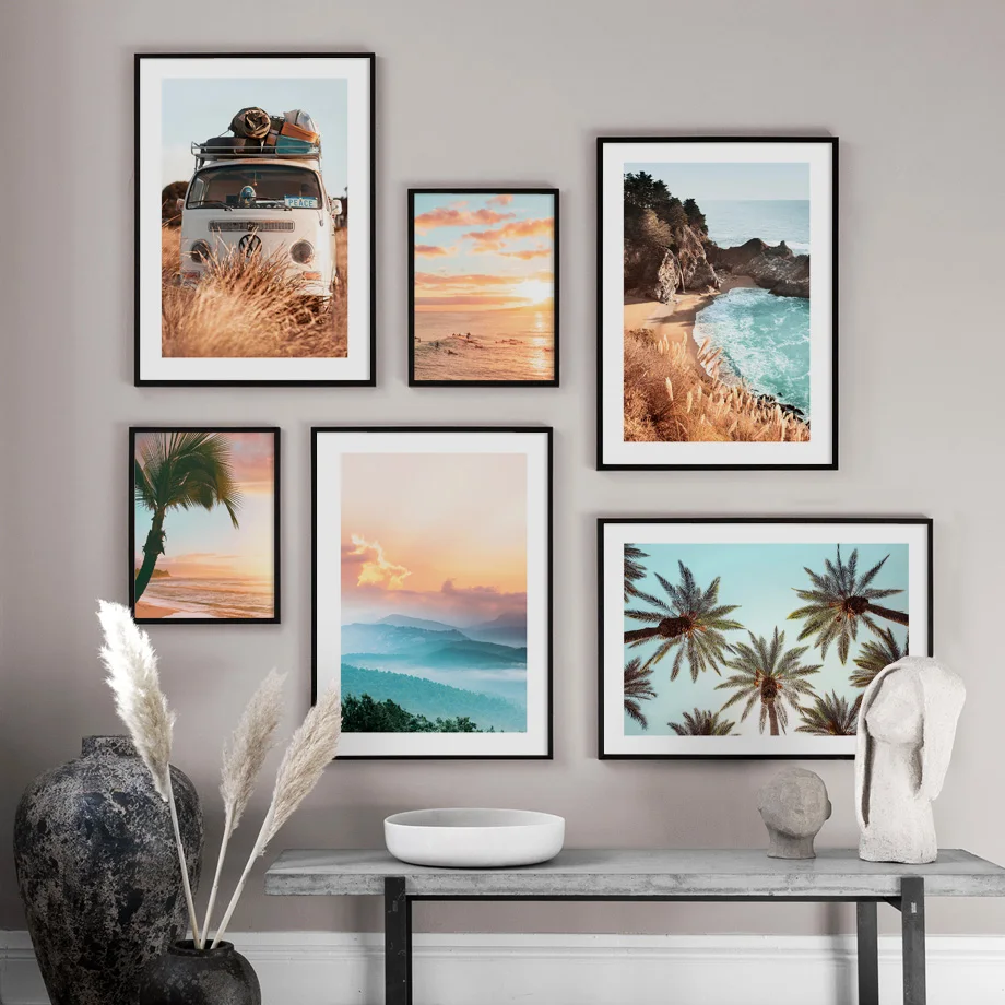 

Silhouette Hills Surf Peace Van Sunset Palm Big Sur Wall Art Print Canvas Painting Nordic Poster Decor Pictures for Living Room