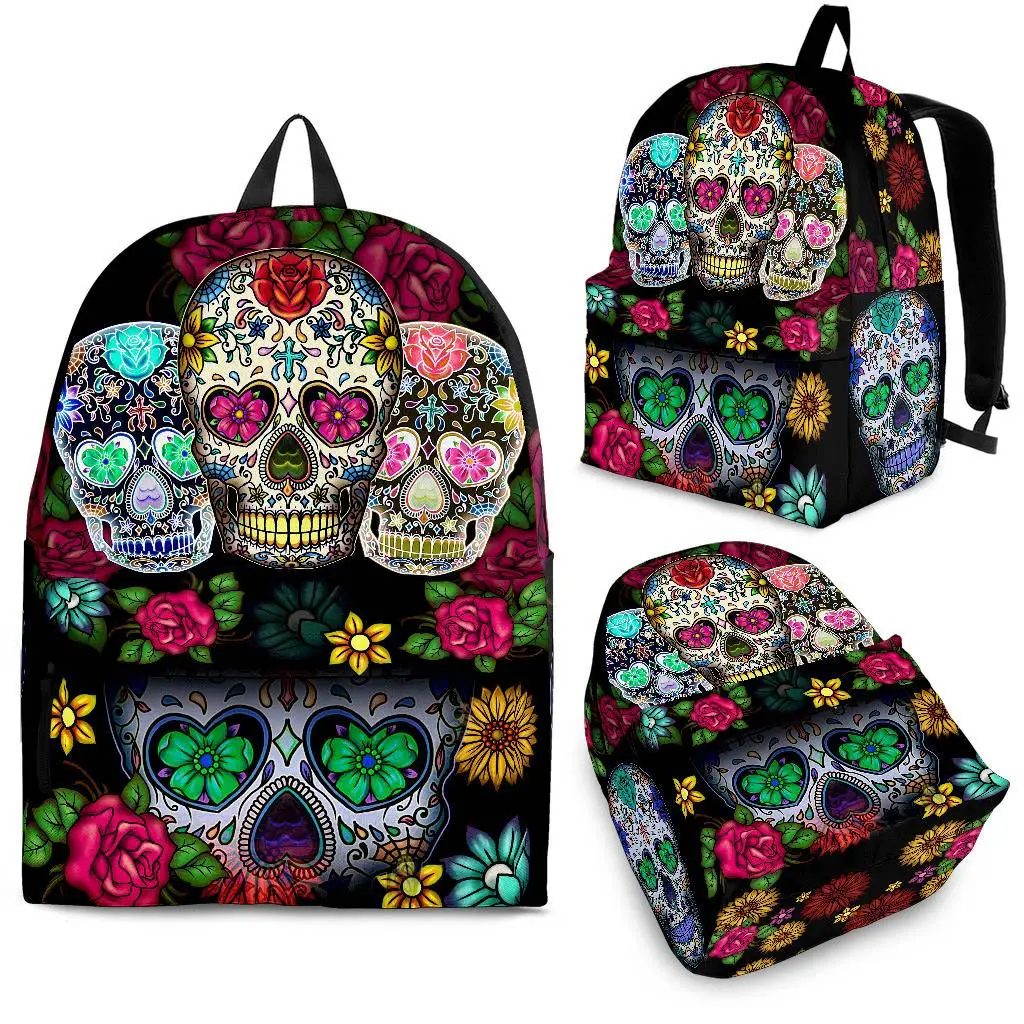 

YIKELUO Fashion Sugar Skull 3D Printing Brand Durable Backpack College Students Laptop Knapsack With Zipper Black Textbook Bag