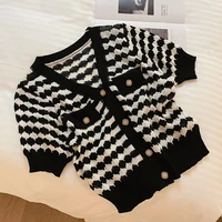 v neck sweet y2k plaid tops short sleeve knitted cardigan thin shirts for women summer fashion short top air conditioning shirt