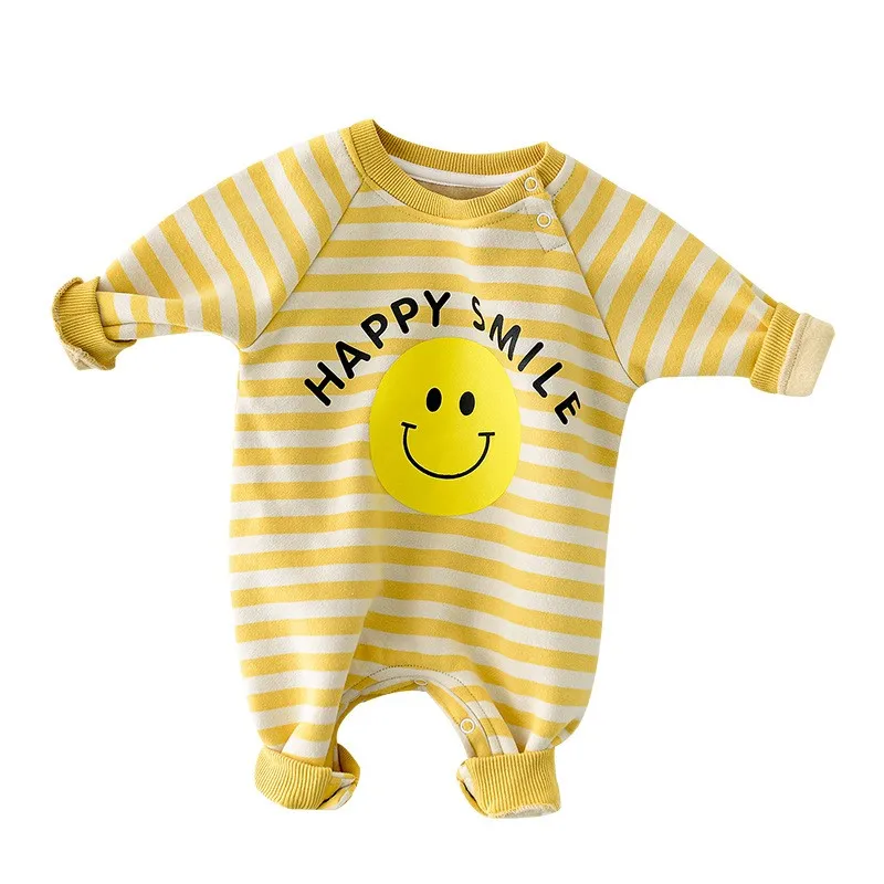 

Stripe Smiling Face Cotton Rompers Plus Velvet Thick Boy Baby Crawling Overalls Toddler Girl Winter Autumn Jumpsuit Clothes New