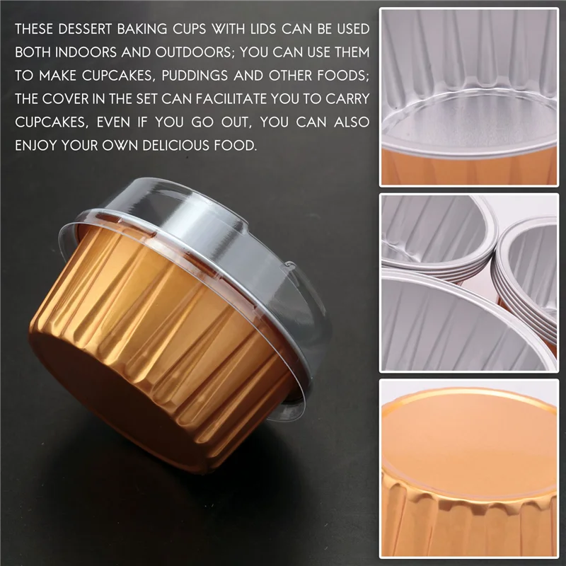 

Dessert Cups with Lids, 25 Pack Gold Aluminum Foil Baking Cups Holders, Cupcake Bake Utility Ramekin Clear Pudding Cups