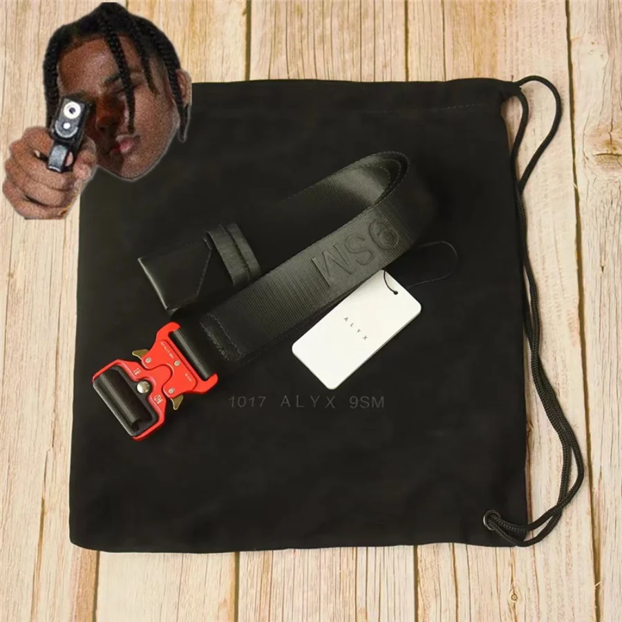 

Ремень с Красной металлической пряжкой 1017 ALYX 9SM мужской женский Жаккардовый Логотип Классический кожаный накладной ремень на американскую горку ALYX