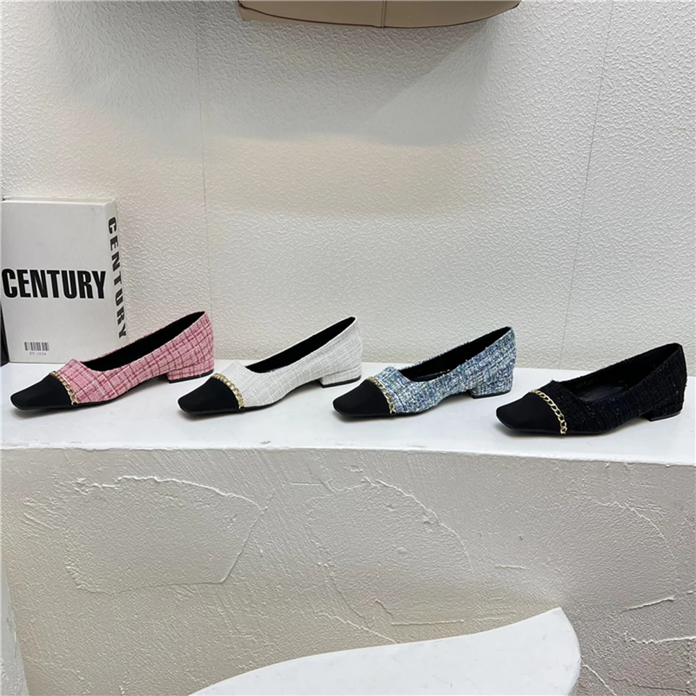 

Square Toe Women Flats Black White Blue Pink Metal Chain Flat Low Heels Autumn Spring Casual Daily Flats Loafers Dress Shoes 39