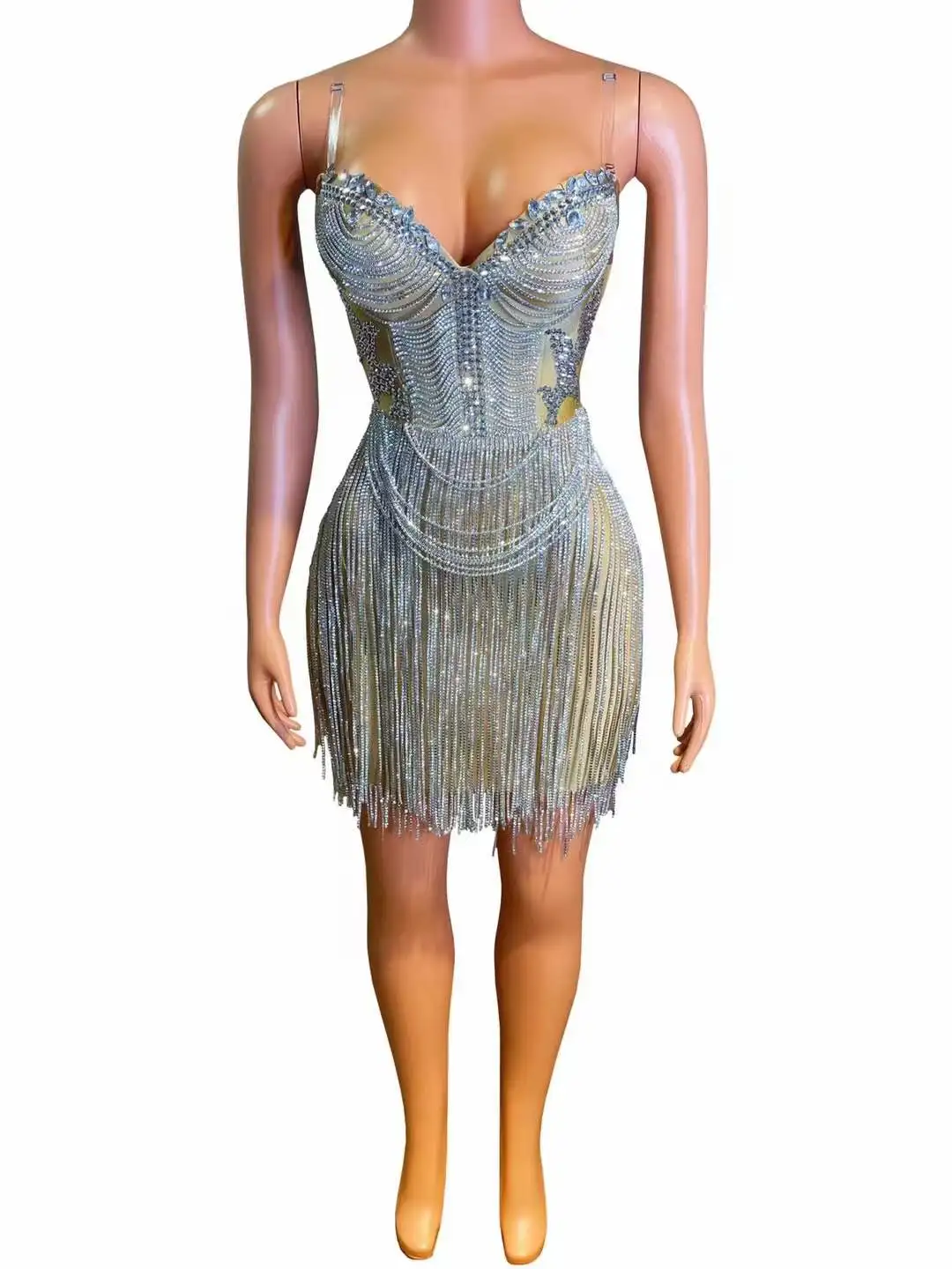 

Sparkle Sexy Women Drill Chain Rhinestone Knee Length Dress Birthday Wedding Stage Wear Night Evening Fringe Outfit See Through