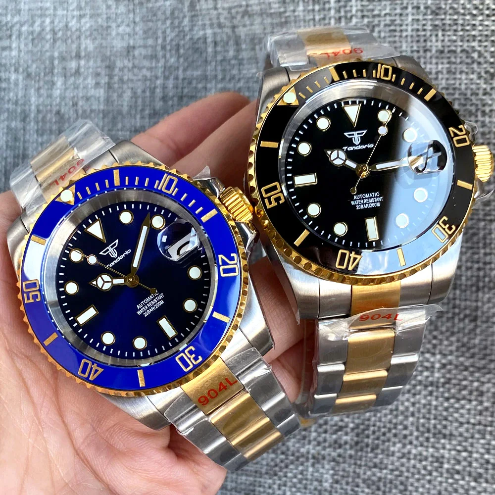 

Водонепроницаемые 40 мм механические часы Tandorio для мужчин Япония NH35 Movt двухцветные серебристые золотые наручные часы 904L браслет светящиеся часы