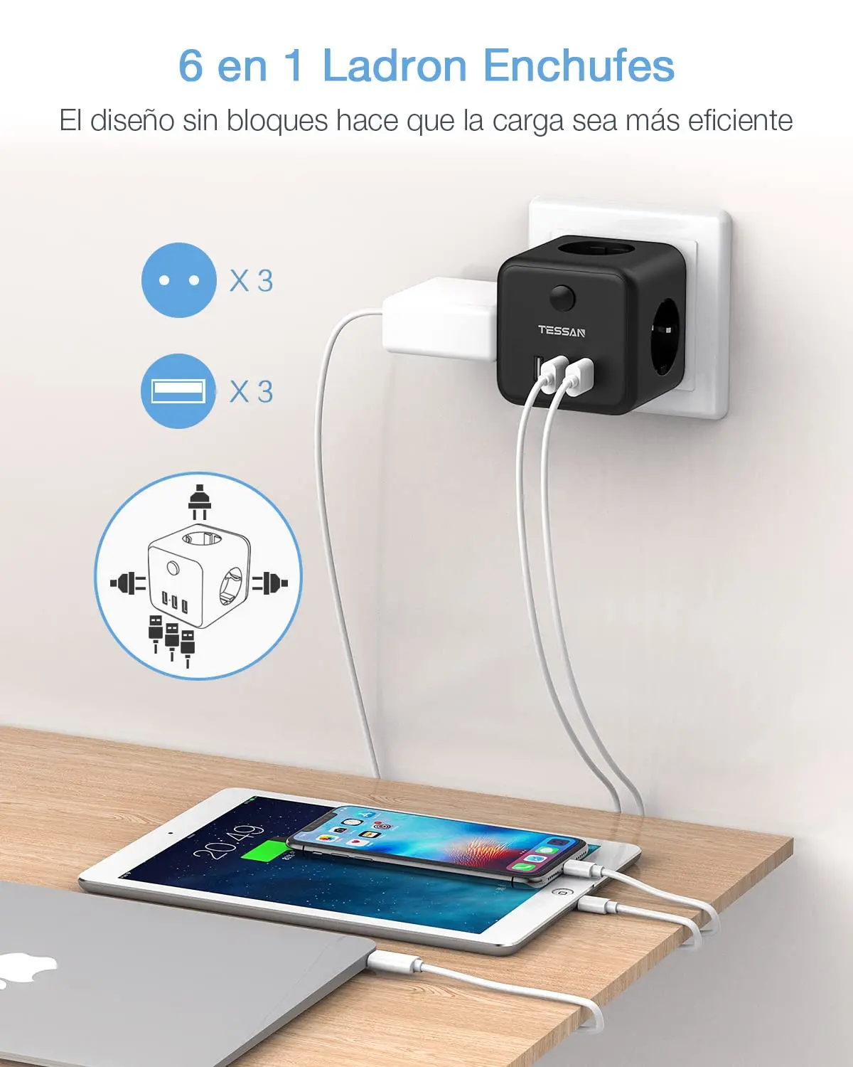 Дорожный USB-адаптер TESSAN с 3 розетками переменного тока USB-порта (2 4 А) и