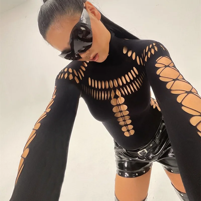 Летний облегающий боди с вырезами и высоким воротником женский элегантный Топ