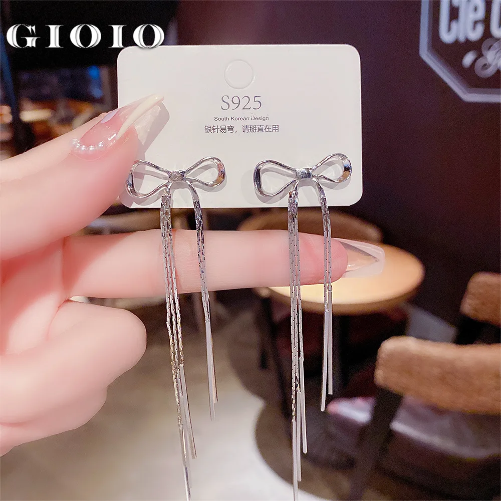

GIOIO 925 Silver Long Bow Tassel Earrings 2022 New Fashion High Sense Temperament Minority Design Earrings Women