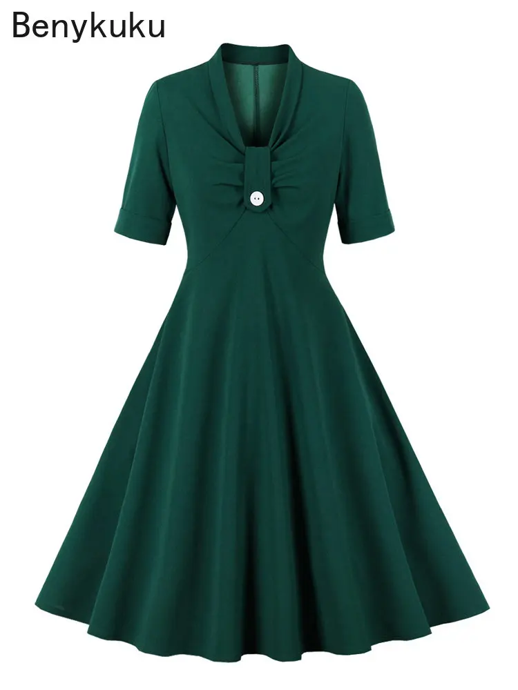 

Green Red Single Button V-Neck High Waist Elegant Party Wear Swing Dresses for Women Vintage Clothes Ladies Solid A-Line Dress