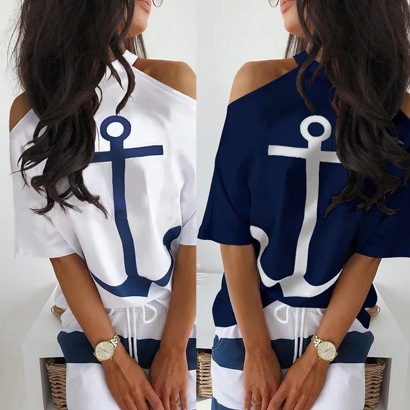 

T-shirt for Women Printed Symmetric Off Shoulder Casual Top T-shirt Ladies Tops