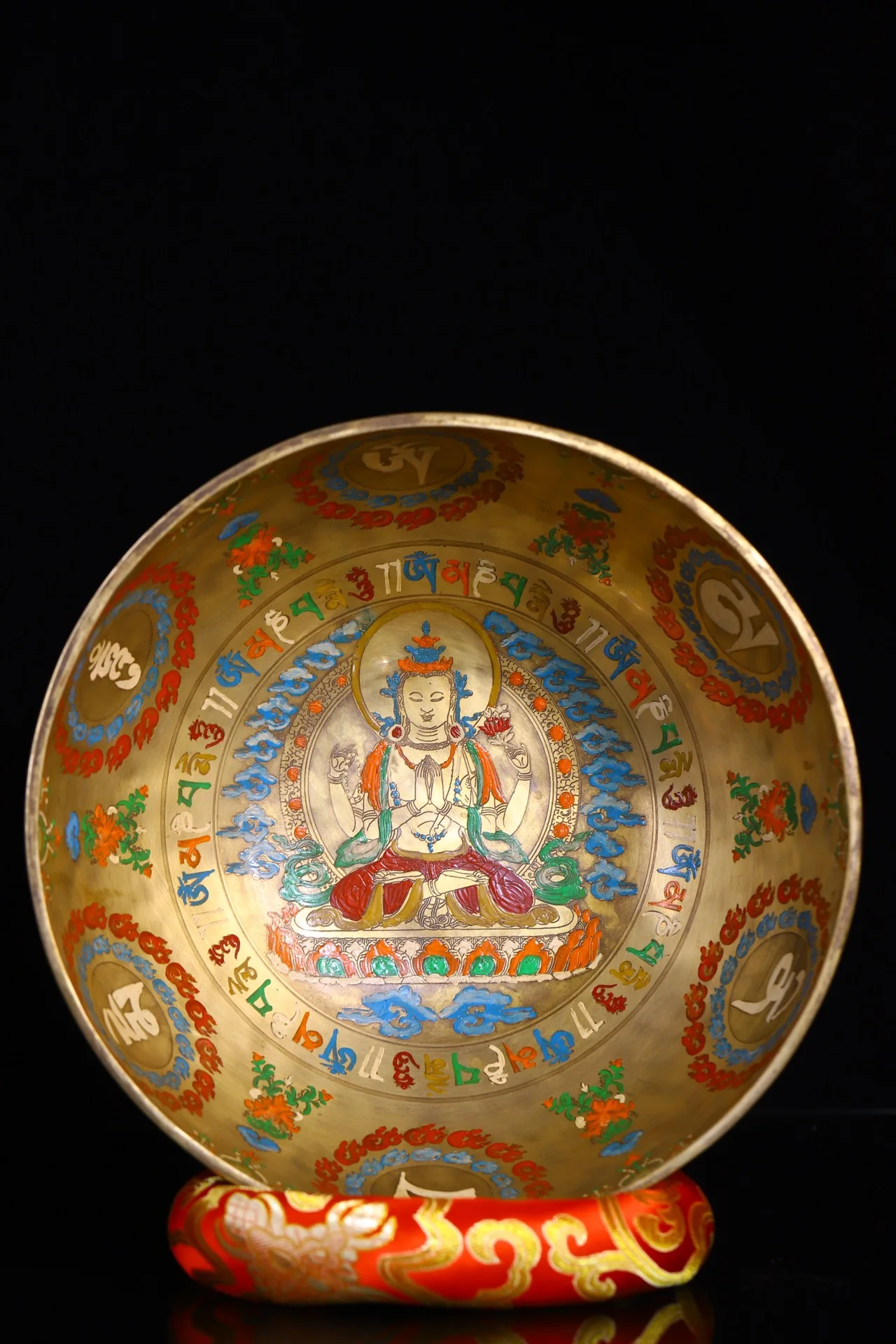 

10"Tibetan Temple Collection old Bronze painted Four-armed Guanyin Buddha sound bowl prayer Bowl Amulet Dharma Town house
