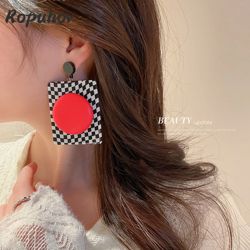 

Ropuhov 2022 New Woman Silver Needle Exaggerated Design Sense European American Black And White Square Fashion Super Earrings