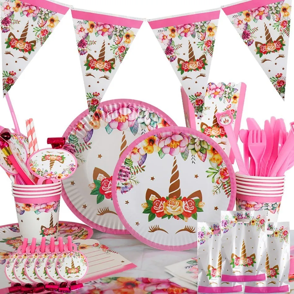 

Rainbow Unicorn Party Pink Girl Birthday Decoration Disposable Tableware Set Paper Cups Straws Plates Baby Shower Party Supplies