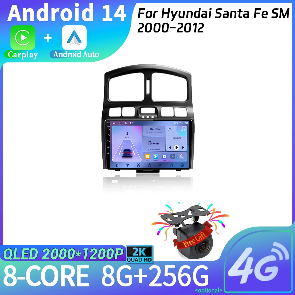Android 14 для Hyundai Santa Fe SM 2000-2012 мультимедийная навигация беспроводной Carplay стерео