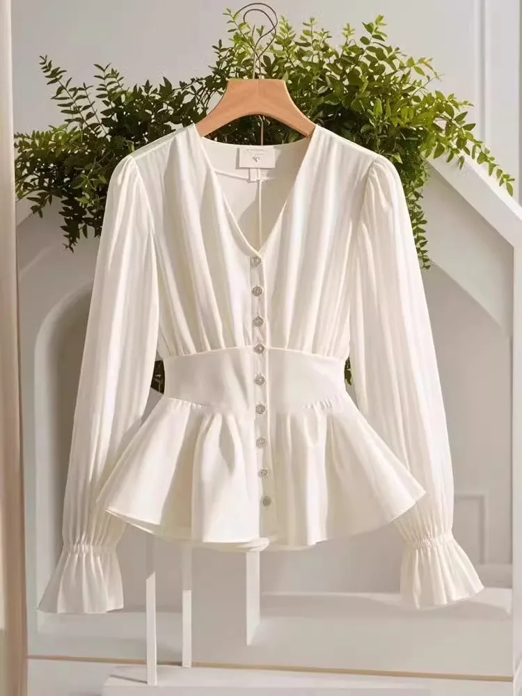 Korean Series Chic Unique Small Shirt Women 2024 Early Autumn New Design Sense Beautiful Waist Hugging Long sleeve...