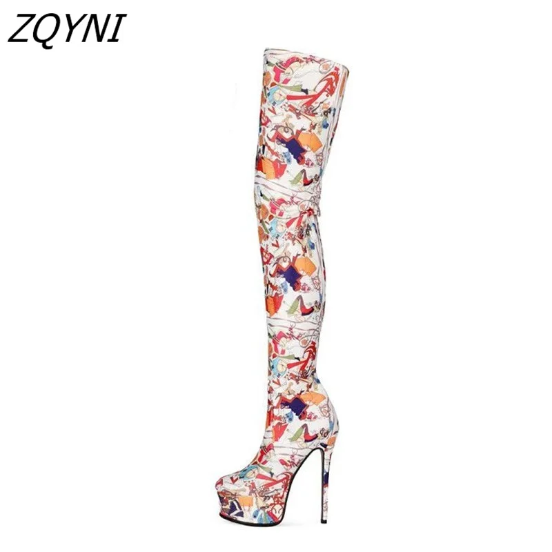 

Women's boots 15.5cm thin high heels over the knee thin high heels thick soled printed women's shoes autumn and winter boots