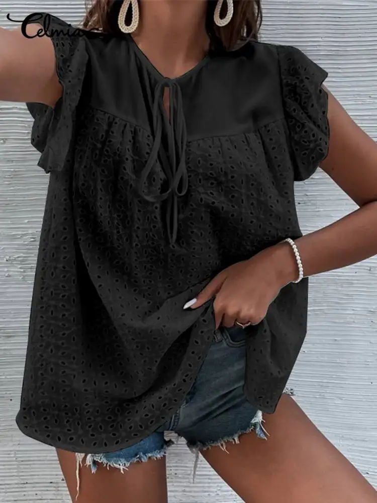 

Fashion Hollow Out Shirt Celmia Elegant Flare Sleeves Blouse 2022 Summer Bandage O neck Tunics Tops Lacework Stitching Blusas