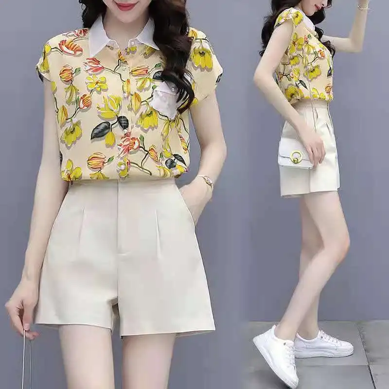 

2022 Women Summer Fashion 2 Piece Sets Female Short Sleeve Print Chiffon Shirts and High Waist Loose Shorts Ladies Suits O97