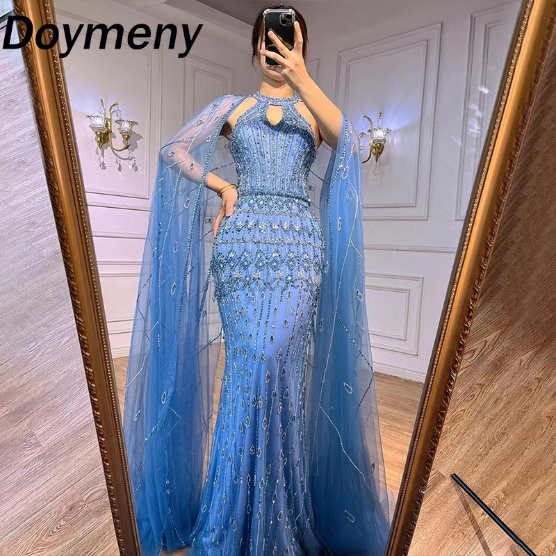 

Doymeny Women’s Luxury Beaded Prom Dress Halter Mermaid Cocktail Dress Cape Formal Evening Party Gownsفساتين السهرة vestido gala