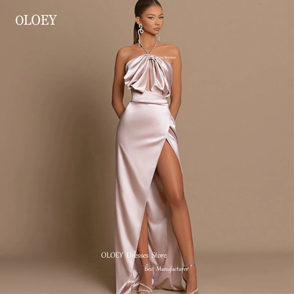 

OLOEY Sexy Halter Baby Pink Satin Evening Dresses High Split Arabic Women Party Dress Formal Prom Gowns Robe de soiree 2023