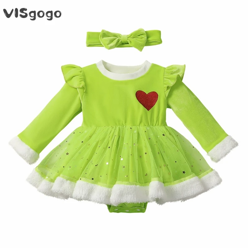 

VISgogo 2 шт. рождественские наряды для маленьких девочек с длинным рукавом и принтом в виде сердца, детское фатиновое платье, Рождественская Одежда для новорожденных