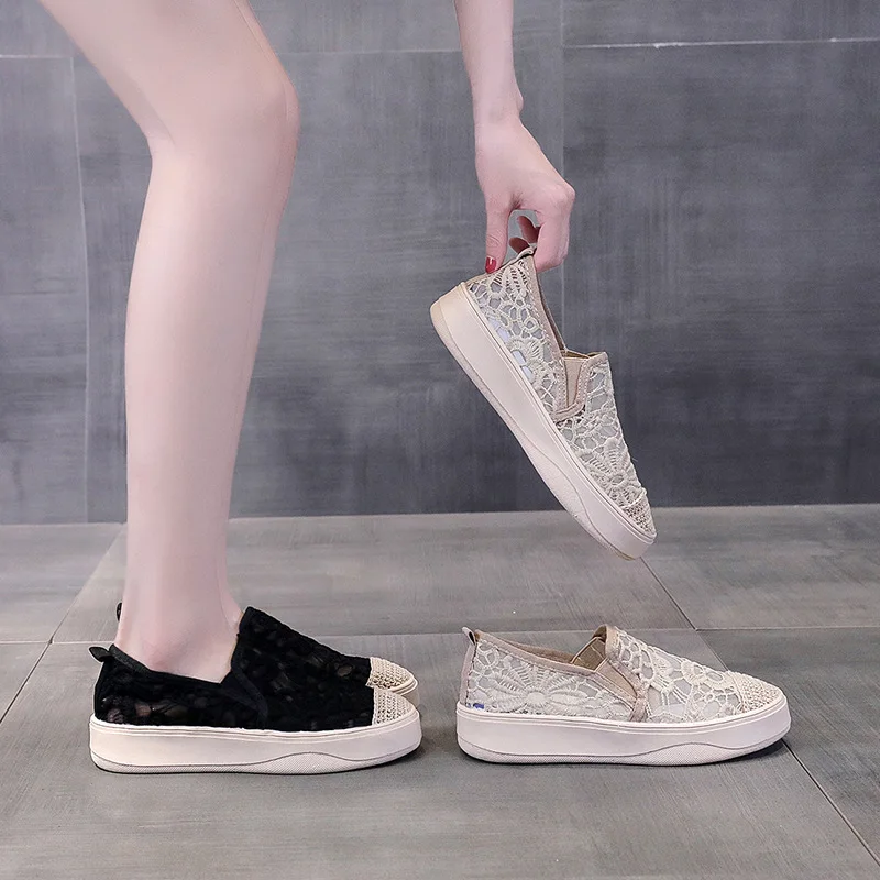 Women Canvas Shoes 2023 Spring Summer Solid Color Lace Casual Shoes Fashion Round Toe Loafers for Ladies Flat Shoes