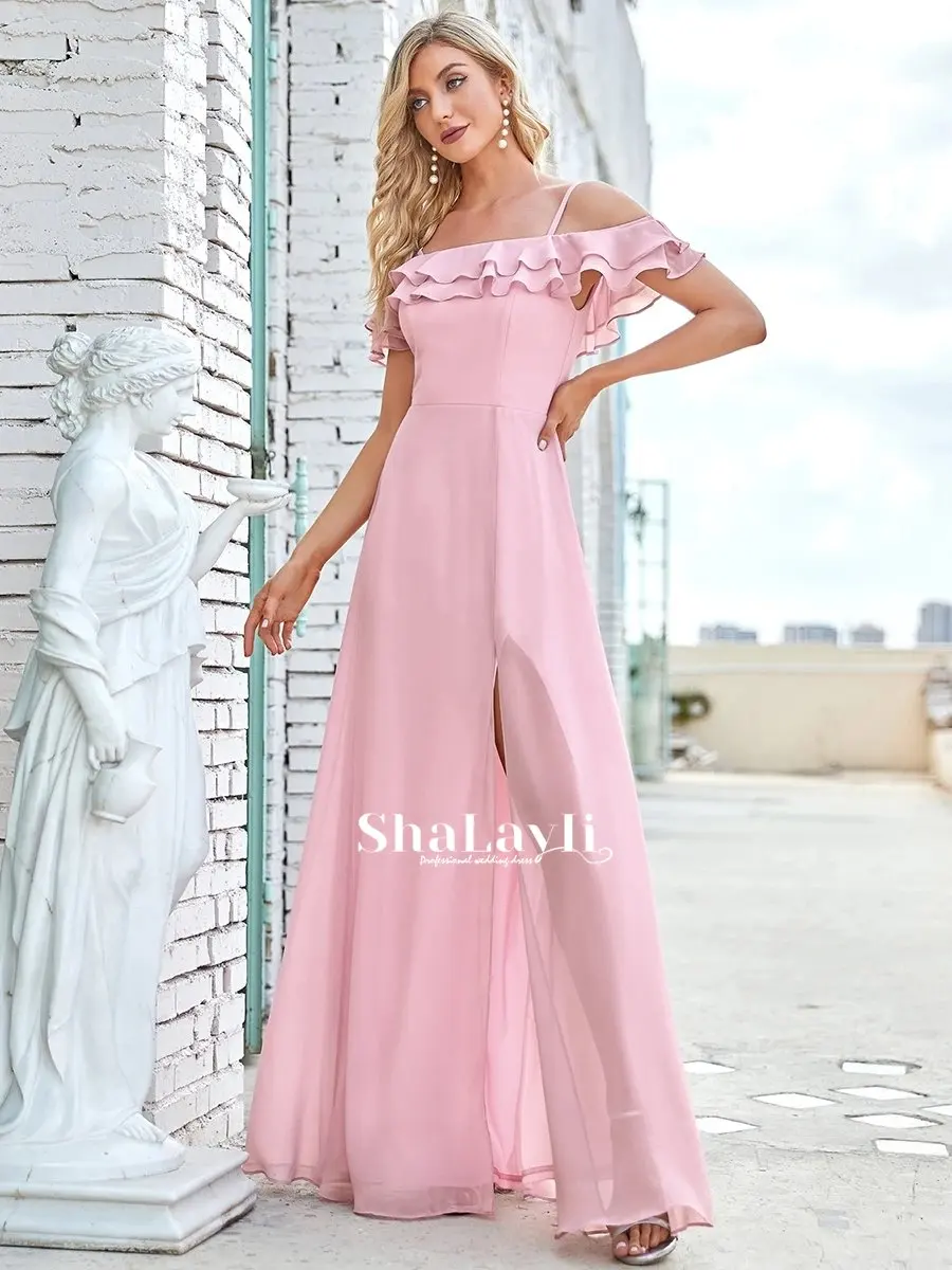 

Новинка, легкое платье подружки невесты, женское платье с открытыми плечами, длинное розовое платье макси с разрезом, сексуальные платья