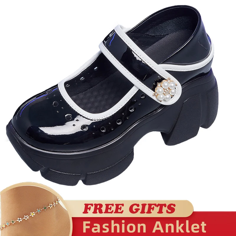 8.5cm Chunky Sneakers Genuine Leather Slides Summer Ankle Loafers Hollow Women Platform Sandals Wedge Breathable Female Shoes