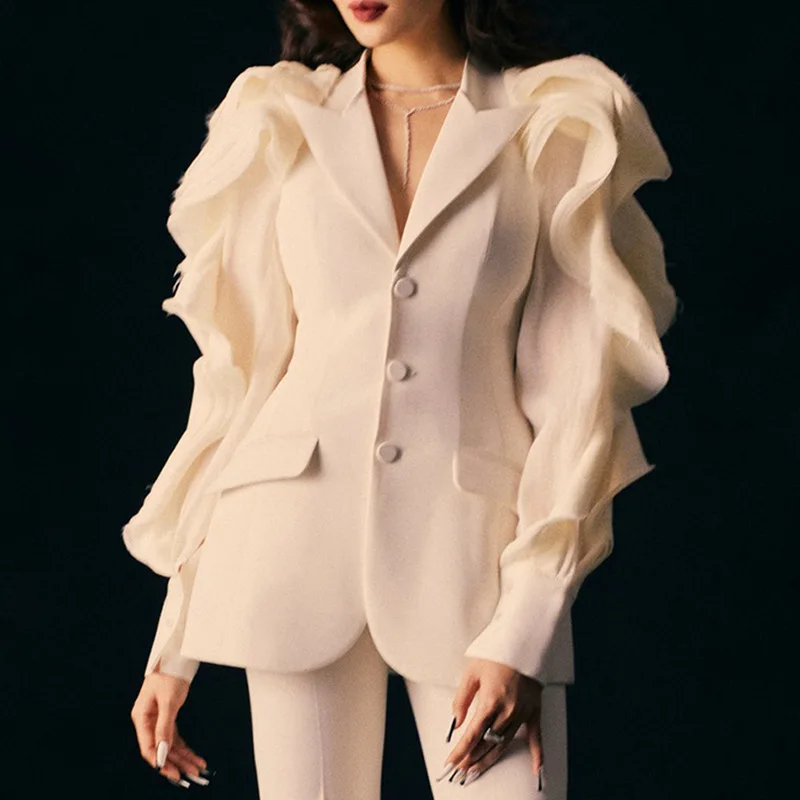 Autumn Women's New Fashion and Western Style Personality Lapel Gauze Stitching Puff Sleeves High-quality Slim Blazer Jacket