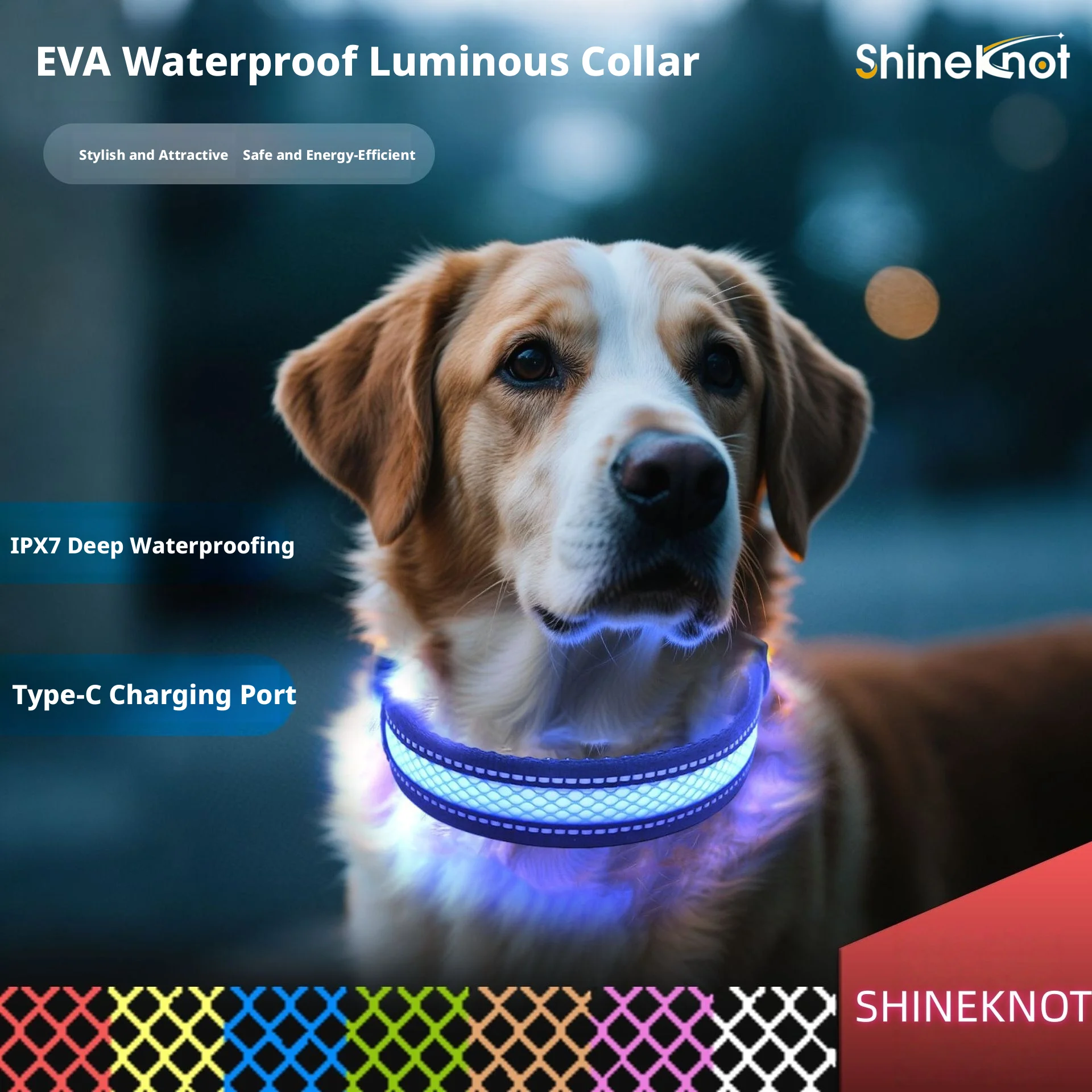 Фото Светящийся ошейник для собак SHINEKNOT с LED-подсветкой, из сетчатого материала EVA, высокой яркости, светоотражающий, с зарядкой Type-C, защита от потери, водонепроницаемый. №1