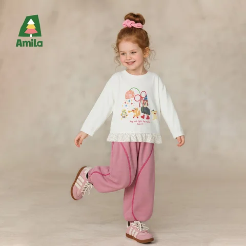 Топ с рюшами Amila для девочек, весенняя хлопковая футболка с длинными рукавами и мультяшным принтом, детский повседневный топ с оборками по подолу, розовый, белый, модный топ с рюшами для малышей