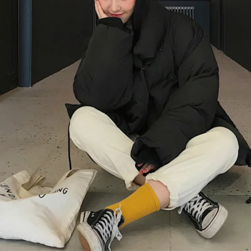 Female Casual Down Warmth Coat Loose Oversized Fashion Womens Korean Style Zipper Short Parka Winter Women Collar Solid Jacket