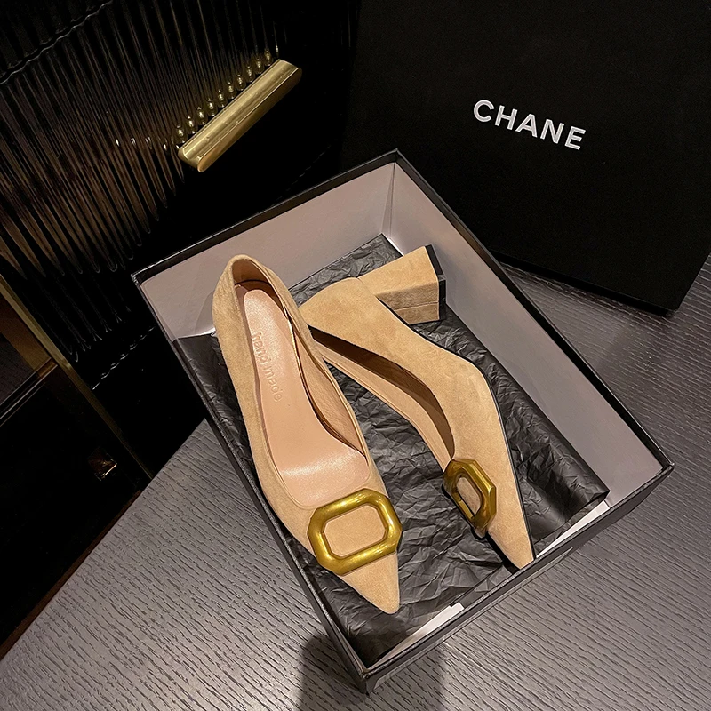 34-39 pink pointed frosted sheepskin metal buckle high heeled sheepskin insole thick heeled women's shoes