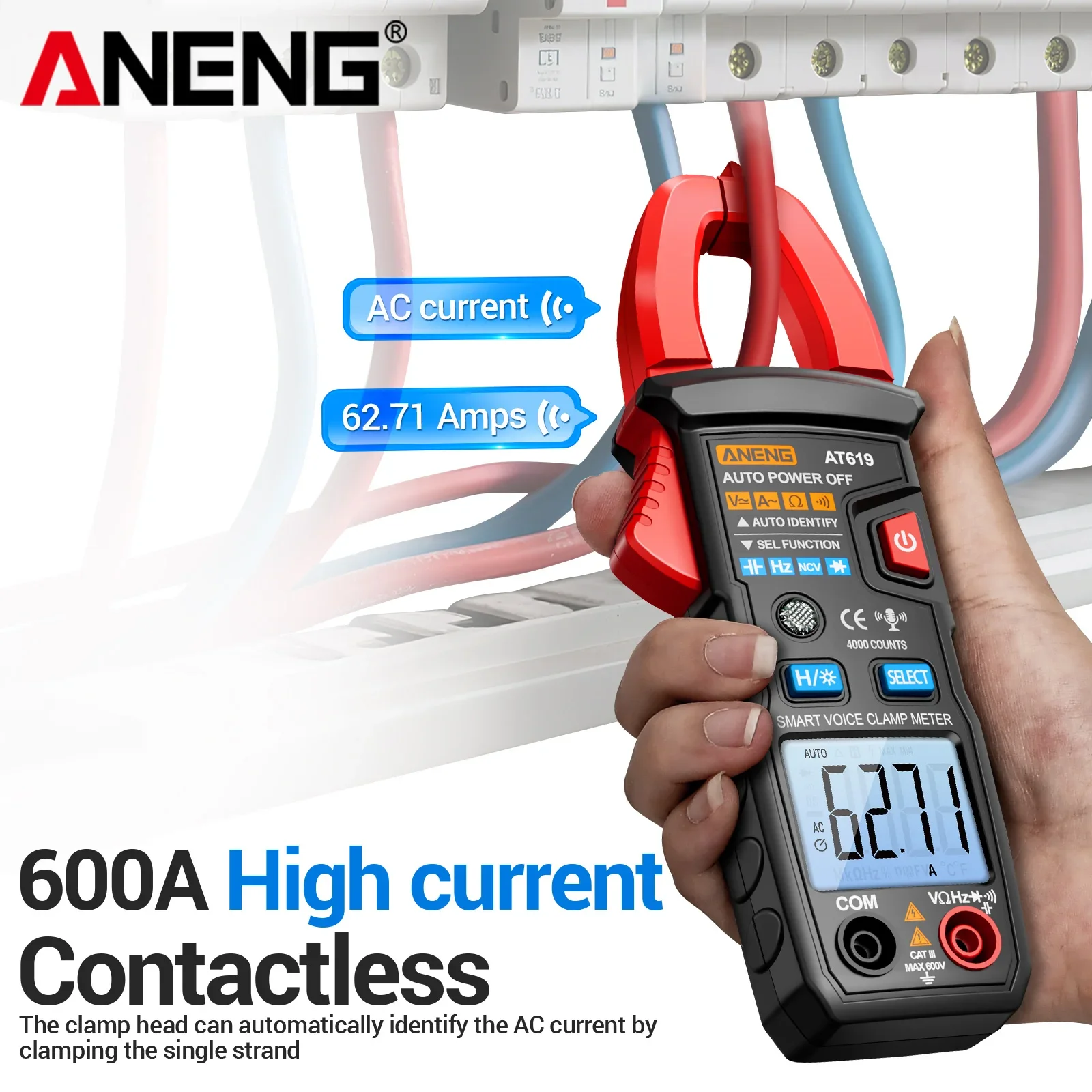 Фото ANENG AT619 Клещевой измеритель с голосовым оповещением, 4000 отсчетов, NCV, AC/DC 600В, 600А, тестер диодов, проверки целостности цепи, подсветка, автоматическое отключение, тестер для электриков №2