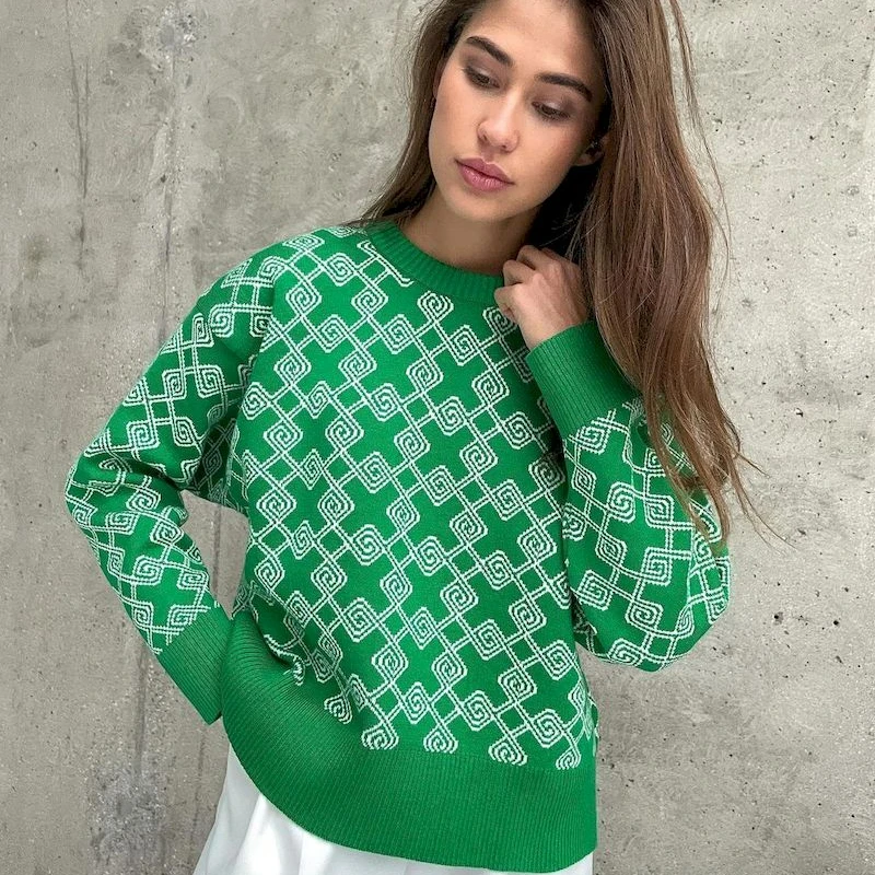 

Green Geometric Pullover Sweaters Women 2022Autumn Winter Elegant Vintage Print Fashion Womens Sweater Knitted Casual Pullovers