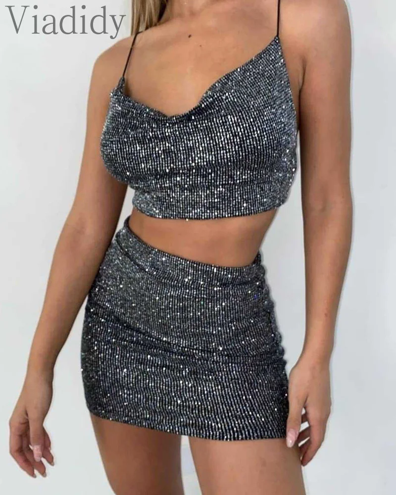 

Женский сексуальный блестящий топ и облегающая юбка с высокой талией, комплект из 2 предметов