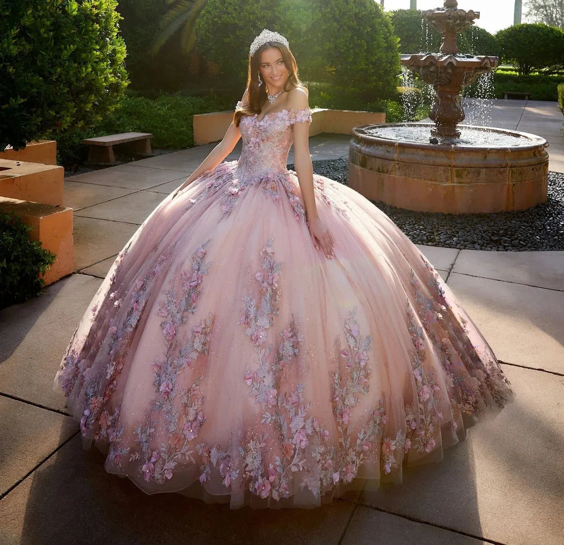 

Pink Puffy Quinceanera Dresses Ball Gown Off The Shoulder Tulle Appliques Beaded Mexican Sweet 16 Dresses 15 Anos
